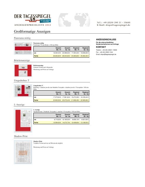 Tagesspiegel Anzeigenpreise 2012