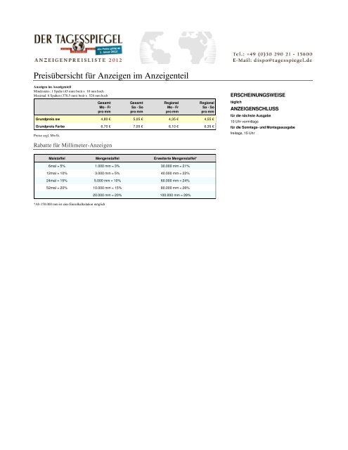 Tagesspiegel Anzeigenpreise 2012