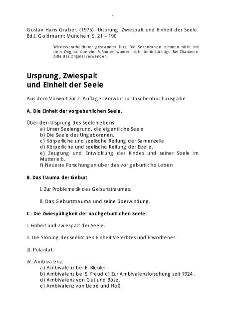 ursprung, zwiespalt und einheit der seele - Gustav Hans Graber ...