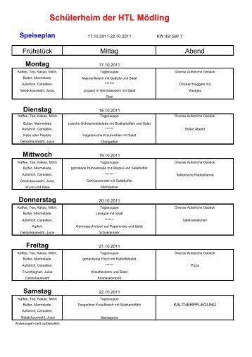 Schülerheim der HTL Mödling Speiseplan