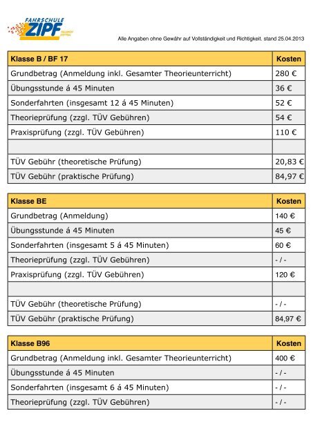 Klasse B / BF 17 Kosten Grundbetrag (Anmeldung ... - Fahrschule Zipf