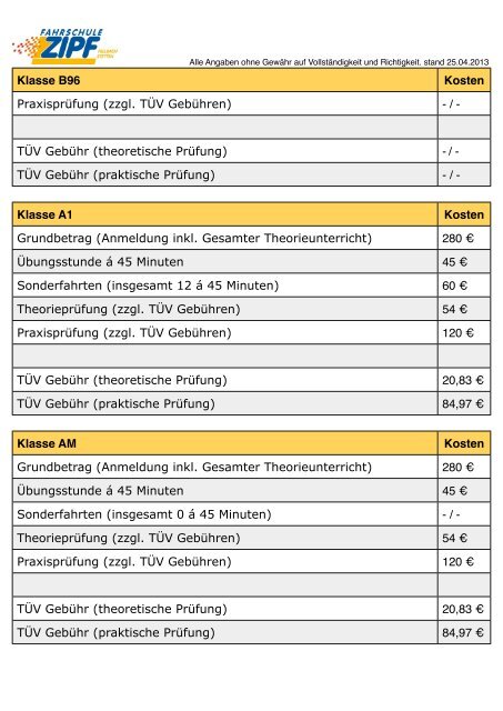 Klasse B / BF 17 Kosten Grundbetrag (Anmeldung ... - Fahrschule Zipf