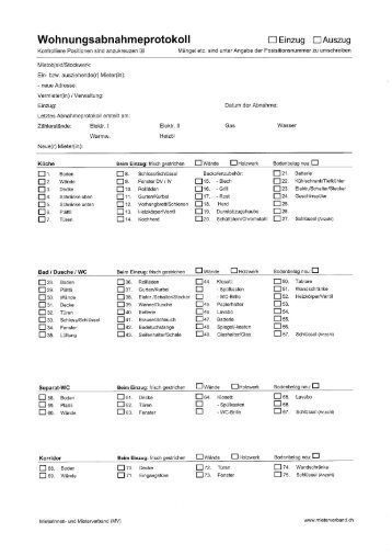 Wohnungsabnahmeprotokoll l:l Einzug ÜAuszug