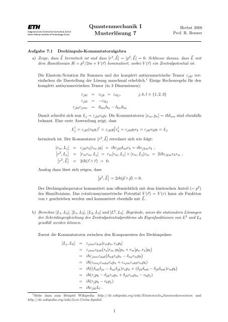 Quantenmechanik I Musterlösung 7