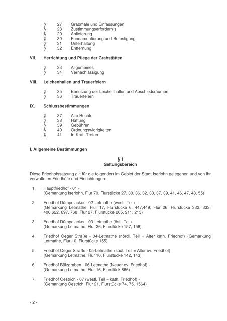 Friedhofssatzung der Stadt Iserlohn