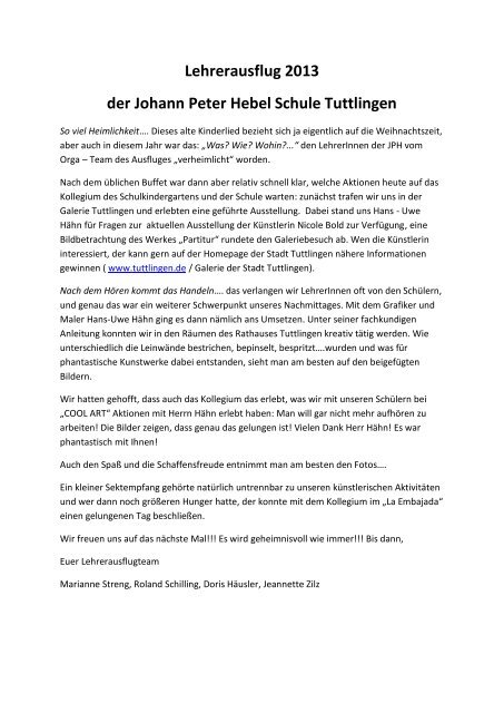 Lehrerausflug 2013 der Johann Peter Hebel Schule Tuttlingen