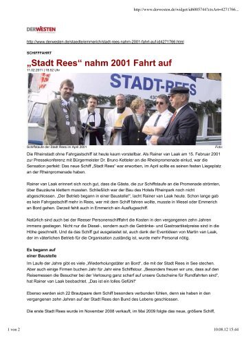 „Stadt Rees“ nahm 2001 Fahrt auf - Reeser Personenschiffahrt