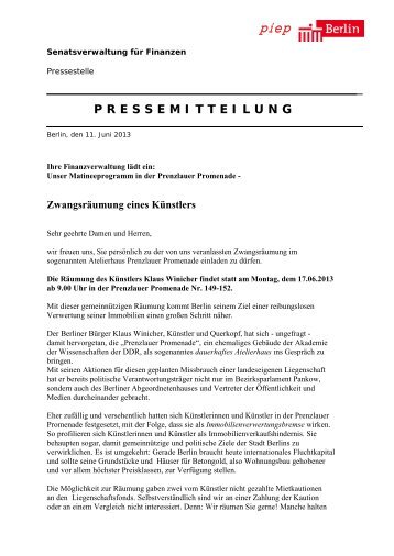 Pressemitteilung der Senatsverwaltung für Finanzen - bbk berlin eV