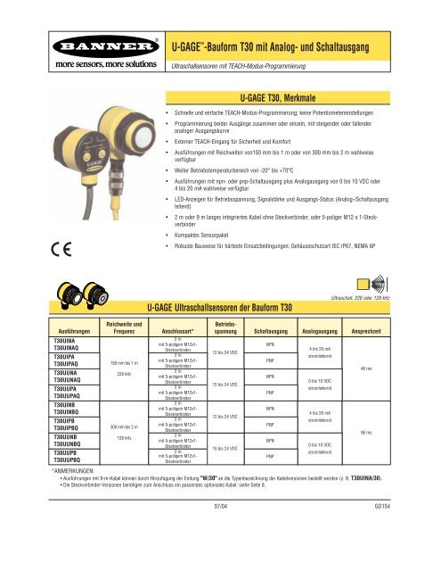 U-GAGE™-Bauform T30 mit Analog- und Schaltausgang - Banner ...