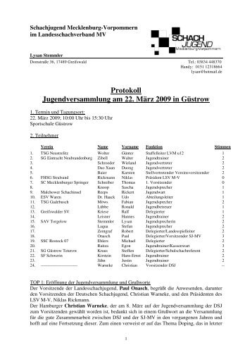 Protokoll Jugendversammlung am 22. März 2009 in Güstrow