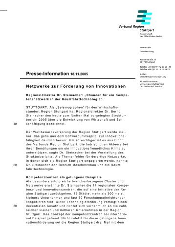 Presseerklärung des Verband Region Stuttgart, Bernd Steinacher