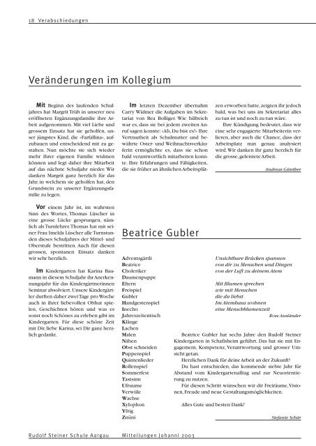 Mitteilungen Johanni 2003 - Rudolf Steiner Schule Aargau