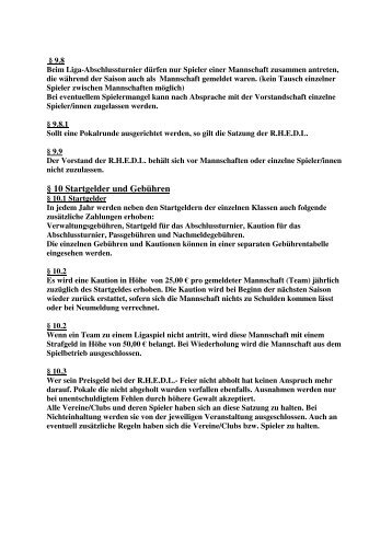 § 10 Startgelder und Gebühren - Rhein Hessen E - Dart Liga 1987