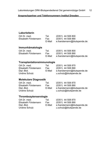 Leistungsverzeichnis Labordiagnostik - DRK-Blutspendedienst Ost