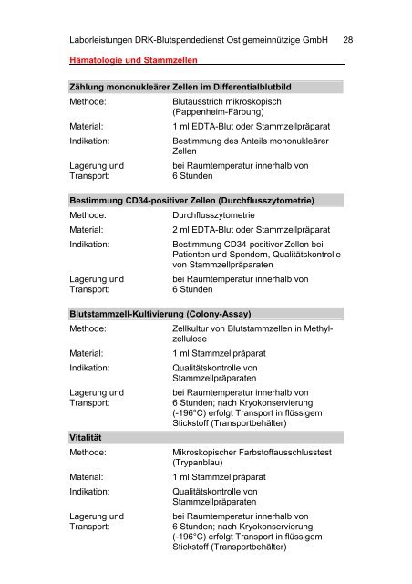 Leistungsverzeichnis Labordiagnostik - DRK-Blutspendedienst Ost