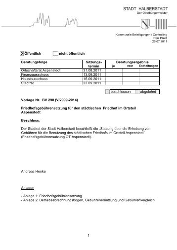 BV 290 - Friedhofsgebührensatzung OT Aspenstedt - Halberstadt