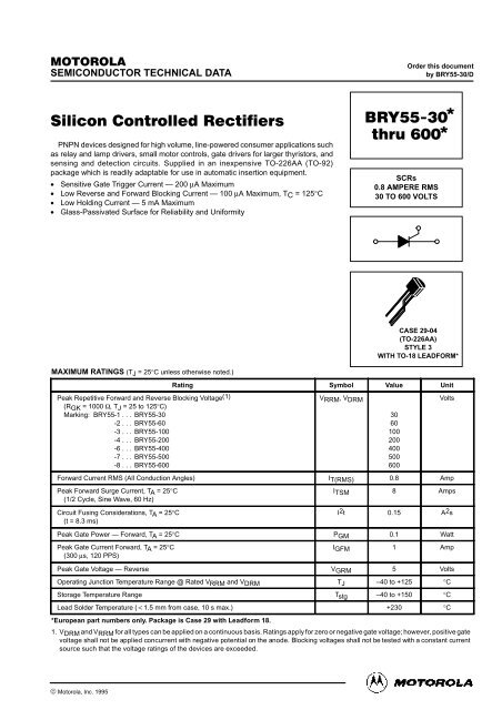 Silicon Controlled Rectifiers Bry55 30 Thru 600 Bg Electronics