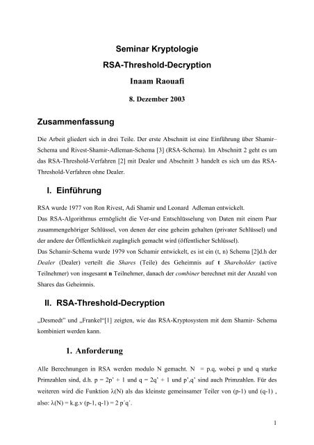 RSA-Threshold-Decryption - Institut für Theoretische Informatik