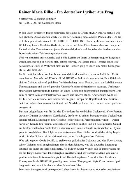 Rainer Maria Rilke Ein Deutscher Lyriker Aus Prag Vortrage Von