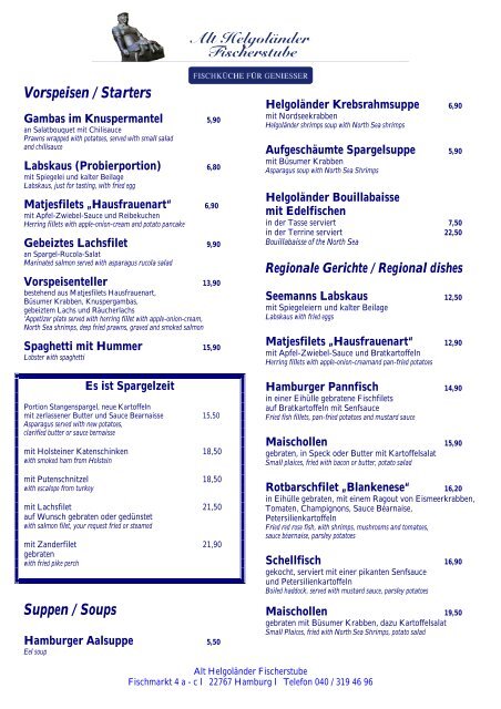 Vorspeisen / Appetizers - Alt Helgoländer Fischerstube