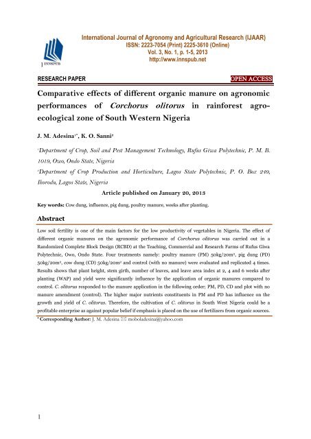 Comparative effects of different organic manure on agronomic performances of Corchorus olitorus in rainforest agroecological zone of South Western Nigeria