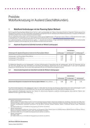 Preisliste Mobilfunknutzung im Ausland (Geschäftskunden). - Telekom