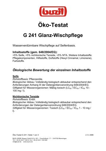 Öko-Testat G 241 Glanz-Wischpflege - Sigron