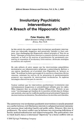 Involuntary Psychiatric Interventions A Breach of the Hippocratic Oath?