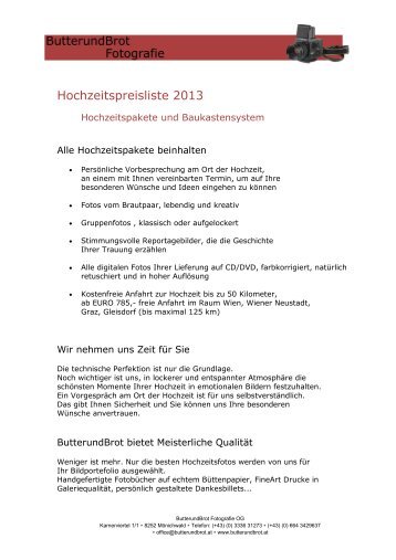 PDF download Hochzeits- preisliste - ButterUndBrot Fotografie