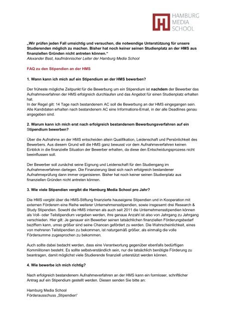 FAQs Stipendien - bei der Hamburg Media School