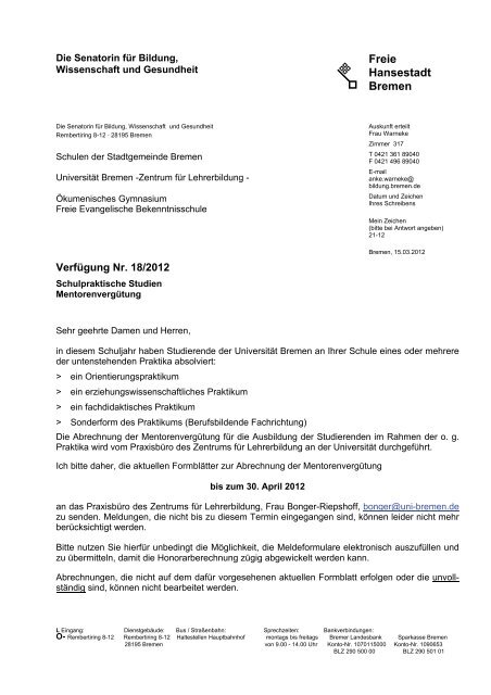 Verfügung Nr. 18/2012 Schulpraktische Studien - Die Senatorin für ...
