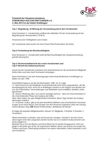 Protokoll der Hauptversammlung FORUM BAU+KULTUR KNITTLINGEN e.V. 3 ...