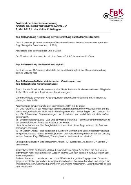 Protokoll der Hauptversammlung FORUM BAU+KULTUR KNITTLINGEN e.V. 3 ...