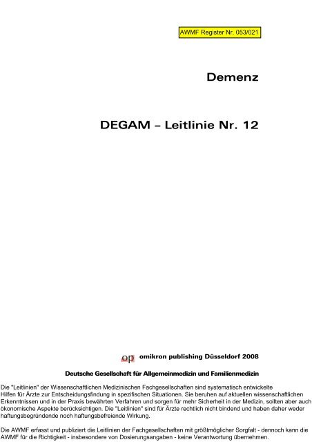 Demenz DEGAM – Leitlinie Nr. 12 - AWMF