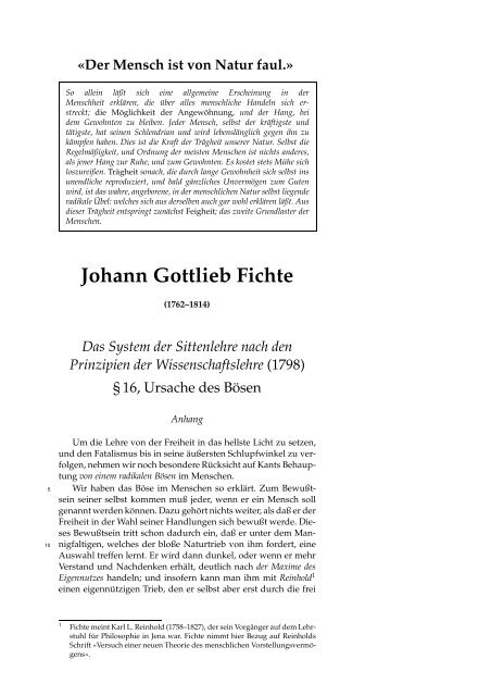 Text von Johann Gottlieb Fichte (1762 1814) über die Ursache des ...