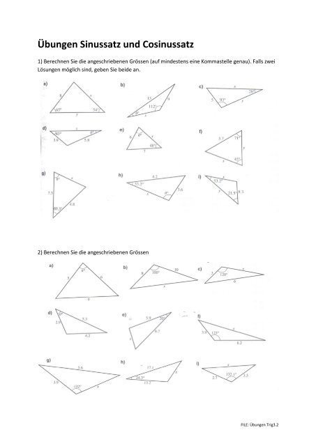 Übungen Sinussatz und Cosinussatz