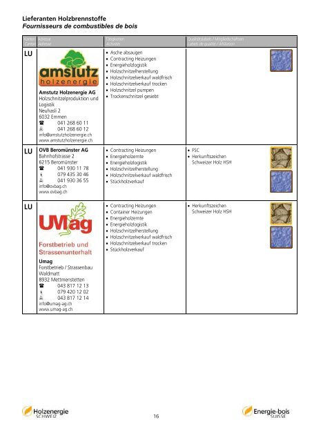 Lieferanten Holzbrennstoffe Fournisseurs de combustibles de bois