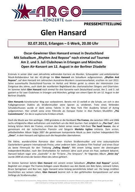 Glen Hansard - E-Werk Erlangen