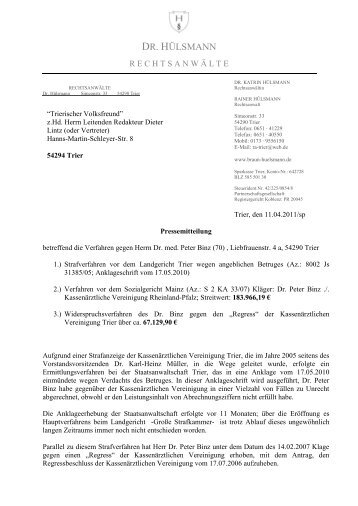 Pressemitteilung der Anwaltskanzlei Dr. Hülsmann, Trier