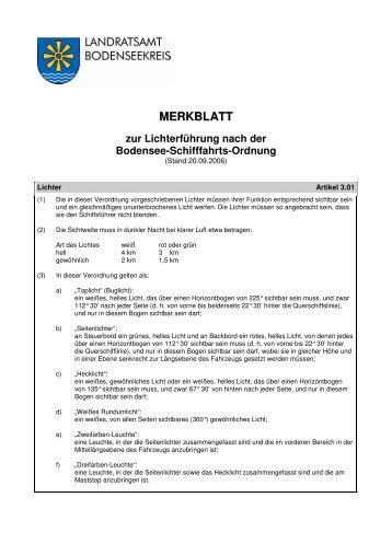 Bodensee-Schifffahrts-Ordnung, Lichterführung - Merkblatt