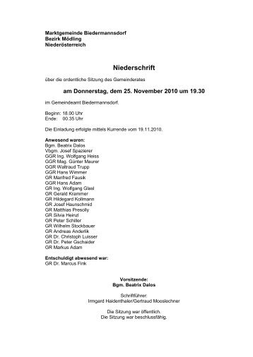 Protokoll der GR-Sitzung vom 25.11.2010 (248 ... - Biedermannsdorf