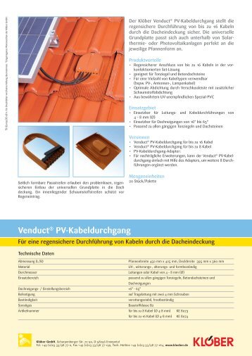 Venduct® PV-Kabeldurchgang regensichere Durchführung ... - Klöber