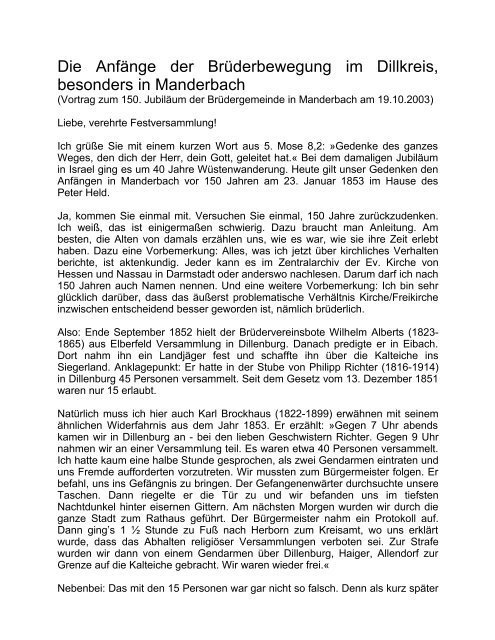 Vortrag: Anfänge der Brüderbewegung im Dillkreis und Manderbach