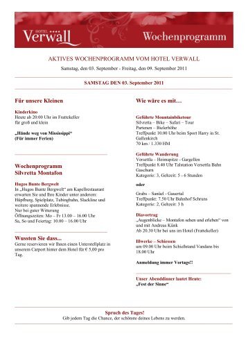 AKTIVES WOCHENPROGRAMM VOM HOTEL VERWALL