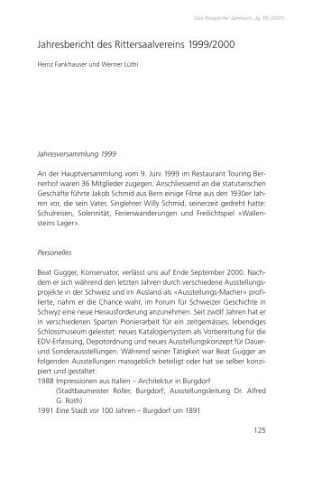 Jahresbericht des Rittersaalvereins 1999/2000 / Heinz ... - DigiBern