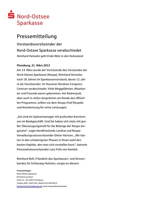 Vorstandsvorsitzender Der Nord Ostsee Sparkasse Verabschiedet