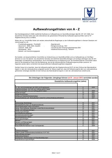 Aufbewahrungsfristen von A - Z - Reisswolf-archiv.de