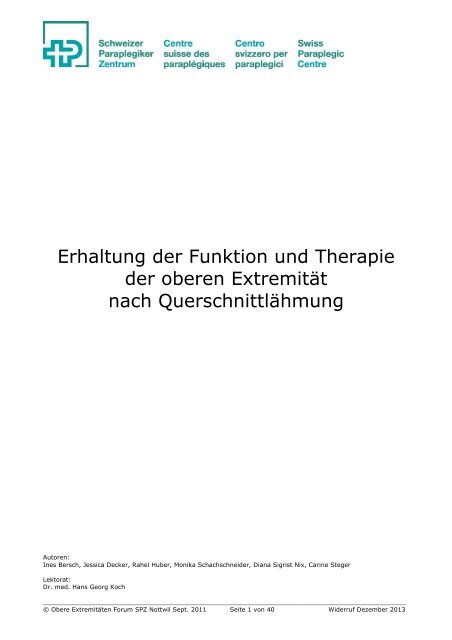 Erhaltung der Funktion und Therapie der oberen Extremität nach ...