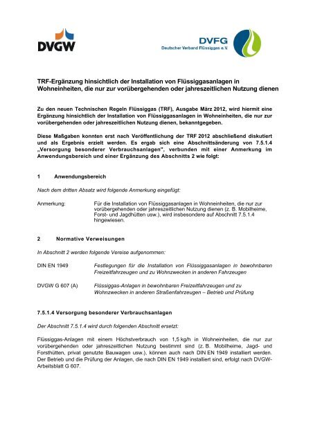 TRF-Ergänzung hinsichtlich der Installation von ... - DVGW