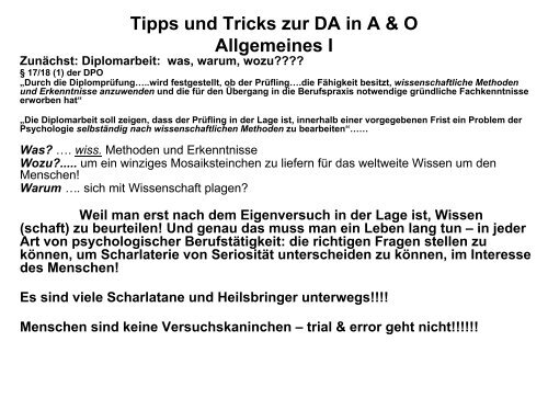 Allgemeine Hinweise zum Sinn und Zweck der Diplomarbeit